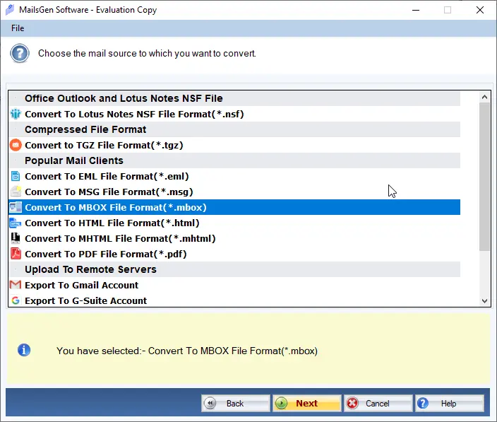 choose export option